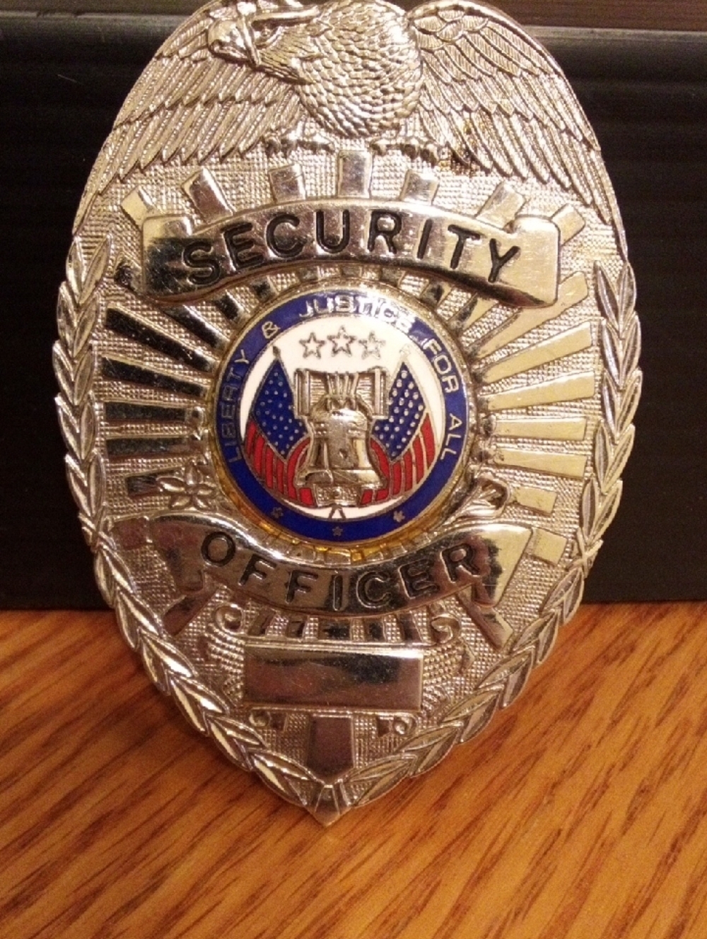 Security Officer Shield Badge - Silver with Red, White &‎ Blue Emblem